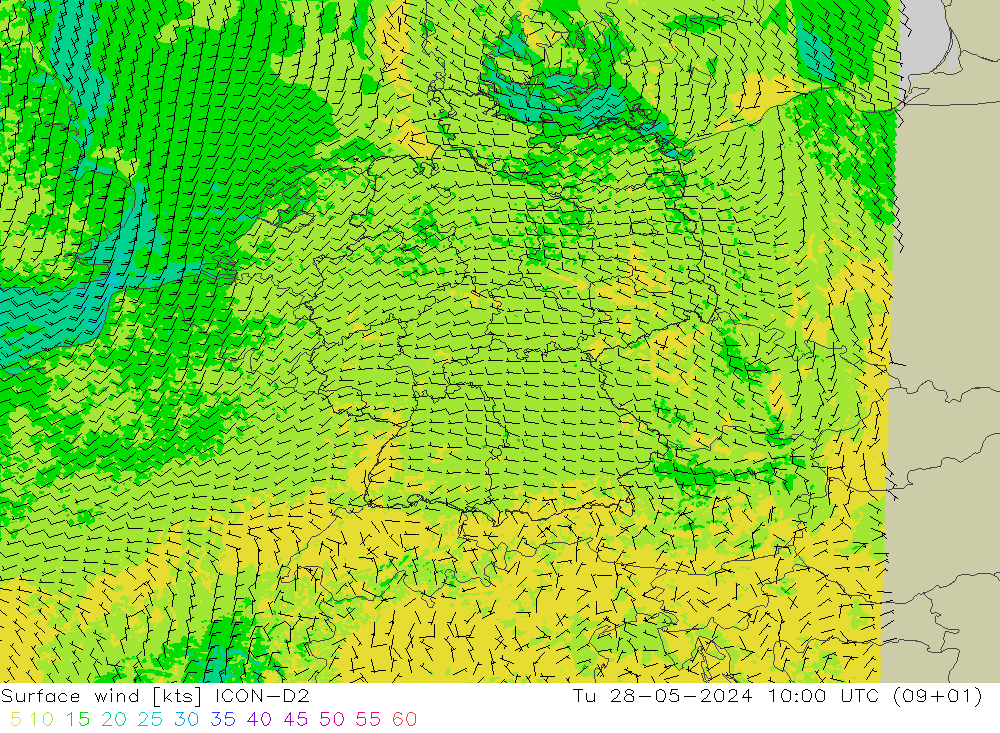 Vent 10 m ICON-D2 mar 28.05.2024 10 UTC