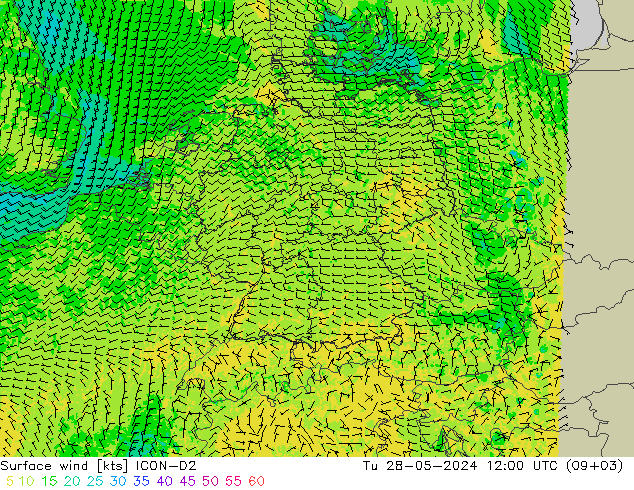 Surface wind ICON-D2 Tu 28.05.2024 12 UTC