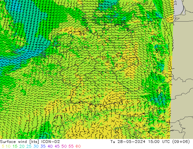 Viento 10 m ICON-D2 mar 28.05.2024 15 UTC