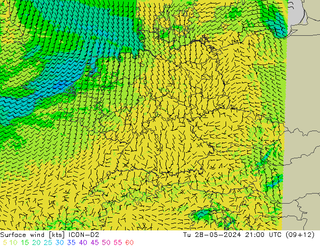 Vento 10 m ICON-D2 Ter 28.05.2024 21 UTC