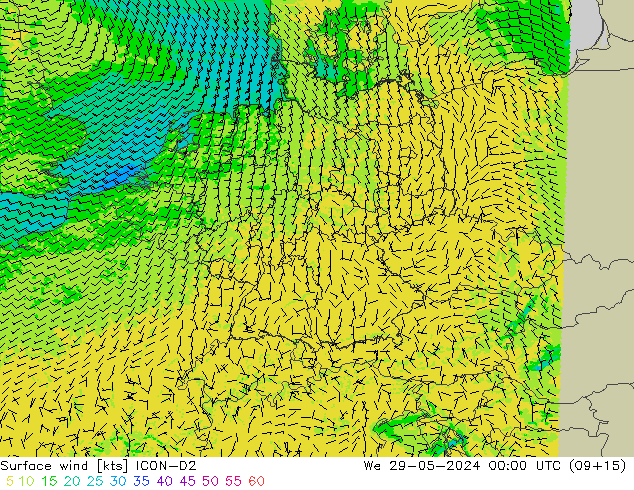 Wind 10 m ICON-D2 wo 29.05.2024 00 UTC