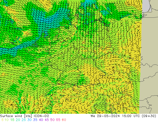 Surface wind ICON-D2 We 29.05.2024 15 UTC