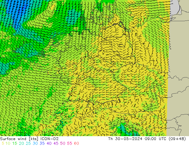 Vento 10 m ICON-D2 gio 30.05.2024 09 UTC