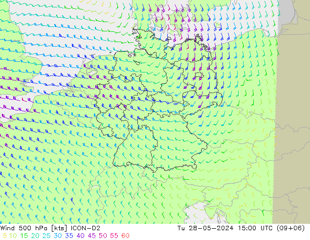 ветер 500 гПа ICON-D2 вт 28.05.2024 15 UTC