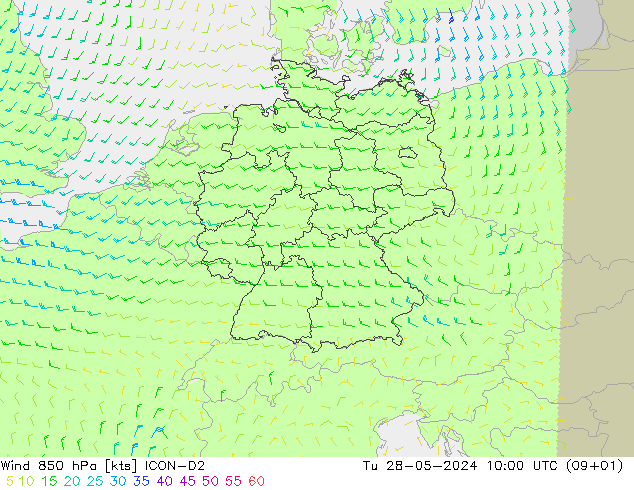 Wind 850 hPa ICON-D2 Tu 28.05.2024 10 UTC