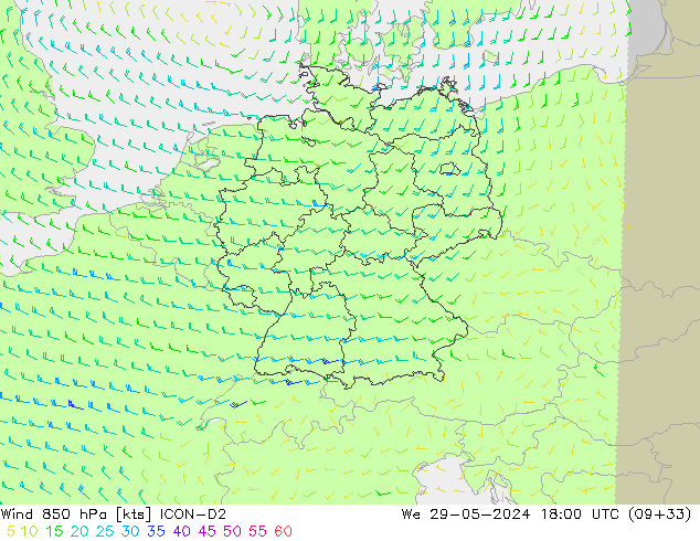 Vent 850 hPa ICON-D2 mer 29.05.2024 18 UTC