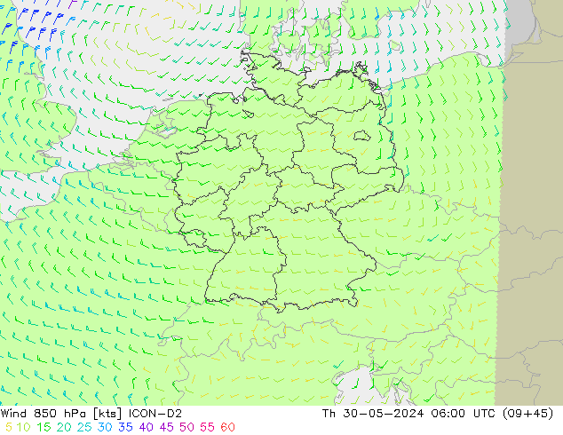 Wind 850 hPa ICON-D2 Do 30.05.2024 06 UTC