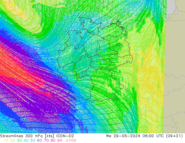 Línea de corriente 300 hPa ICON-D2 mié 29.05.2024 06 UTC