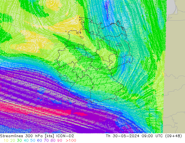 Stroomlijn 300 hPa ICON-D2 do 30.05.2024 09 UTC