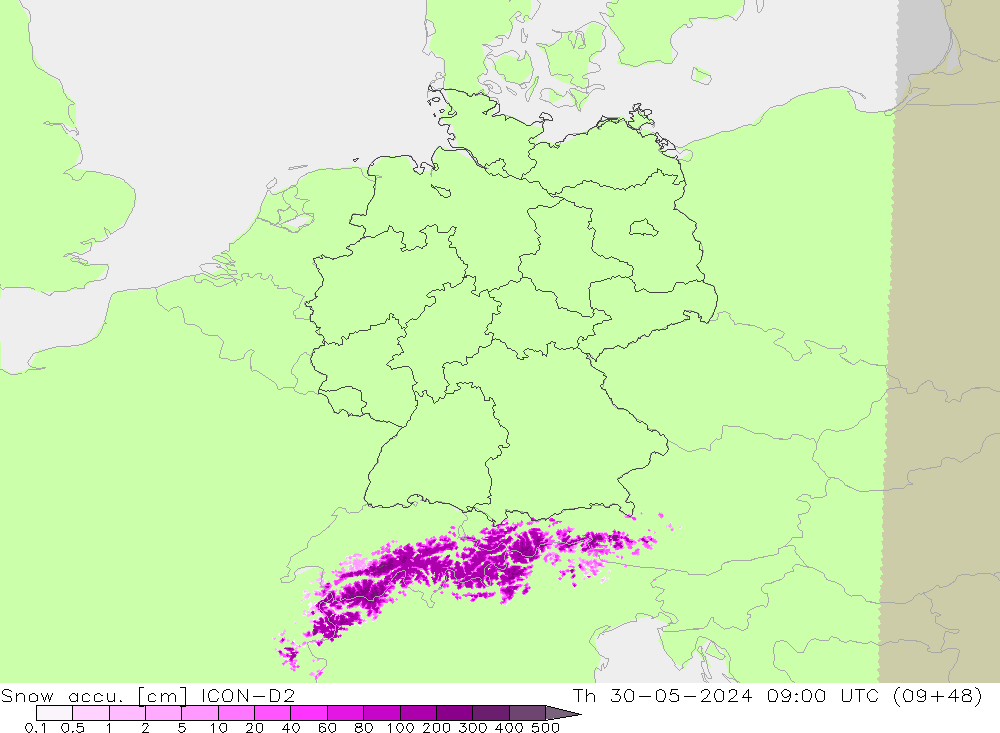 Snow accu. ICON-D2 Qui 30.05.2024 09 UTC