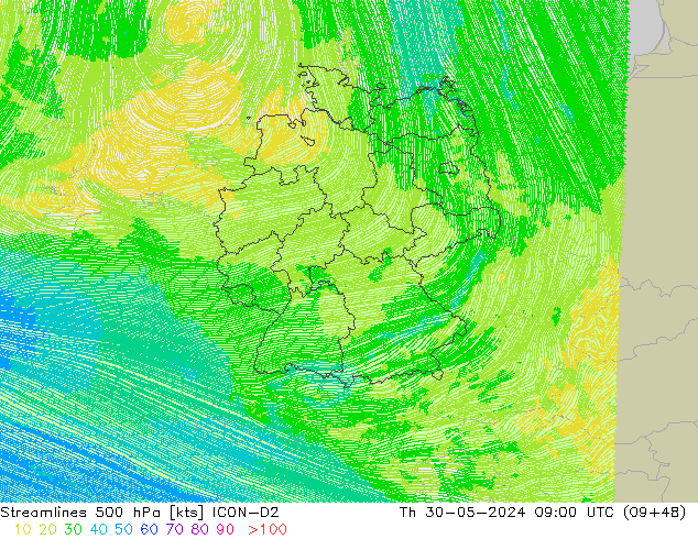 Streamlines 500 hPa ICON-D2 Čt 30.05.2024 09 UTC