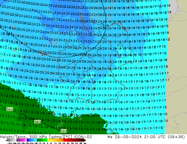 Yükseklik/Sıc. 500 hPa ICON-D2 Çar 29.05.2024 21 UTC