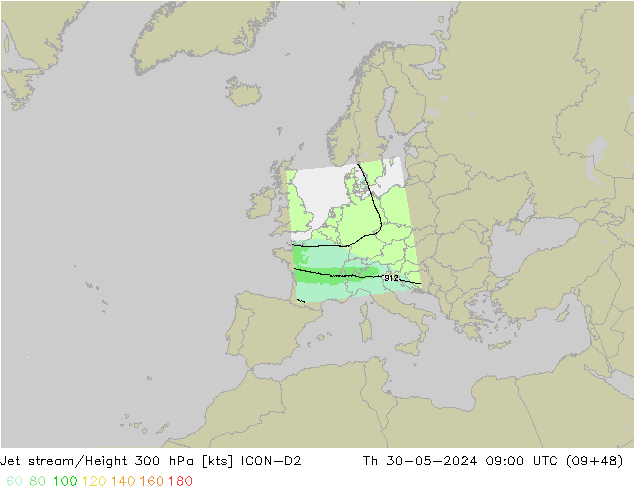 Corriente en chorro ICON-D2 jue 30.05.2024 09 UTC