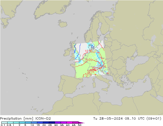 Srážky ICON-D2 Út 28.05.2024 10 UTC