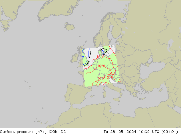 Presión superficial ICON-D2 mar 28.05.2024 10 UTC