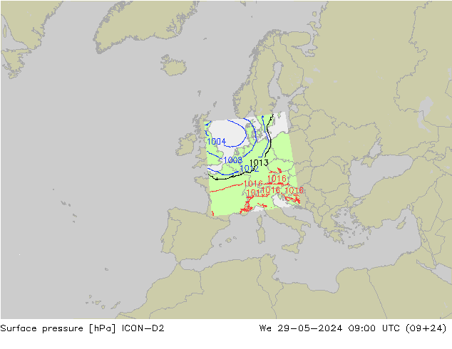 Atmosférický tlak ICON-D2 St 29.05.2024 09 UTC