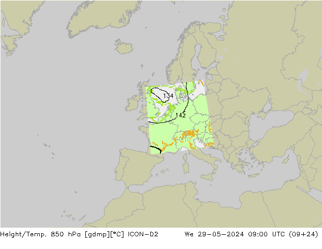 Geop./Temp. 850 hPa ICON-D2 mié 29.05.2024 09 UTC