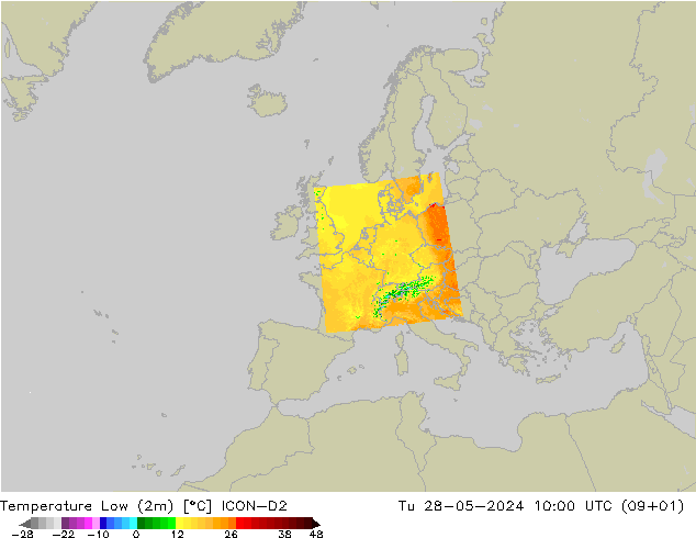Min. Temperatura (2m) ICON-D2 wto. 28.05.2024 10 UTC