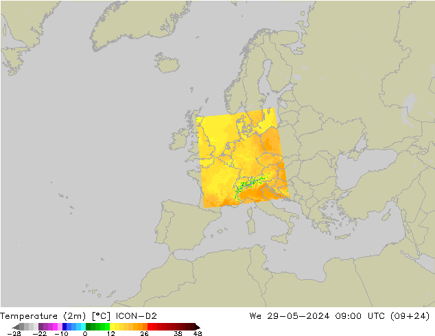 Temperaturkarte (2m) ICON-D2 Mi 29.05.2024 09 UTC