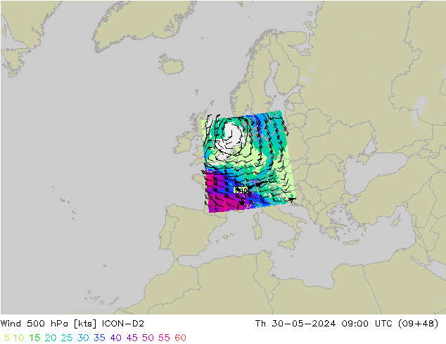 Vento 500 hPa ICON-D2 Qui 30.05.2024 09 UTC