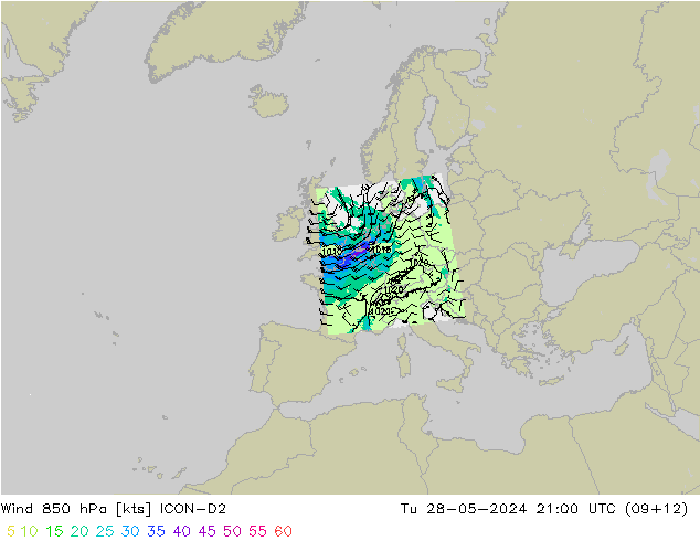 Wind 850 hPa ICON-D2 Tu 28.05.2024 21 UTC