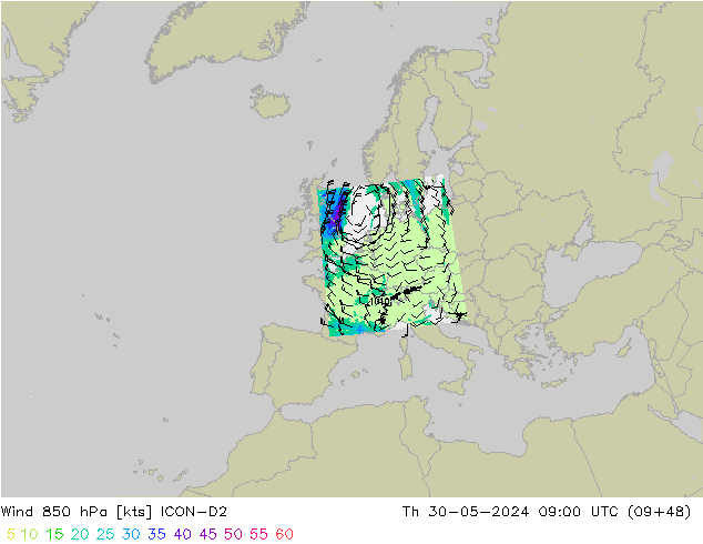 Wind 850 hPa ICON-D2 do 30.05.2024 09 UTC