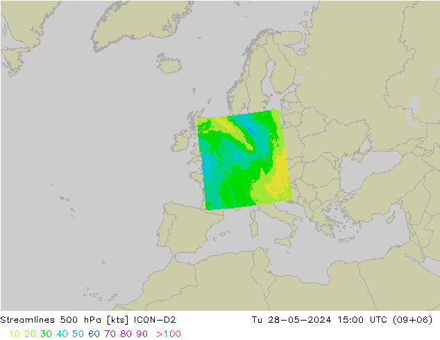 Linea di flusso 500 hPa ICON-D2 mar 28.05.2024 15 UTC
