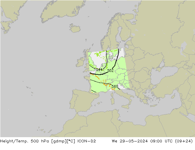 Geop./Temp. 500 hPa ICON-D2 mié 29.05.2024 09 UTC