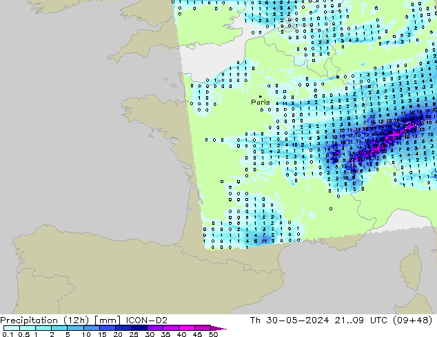 Precipitation (12h) ICON-D2 Th 30.05.2024 09 UTC