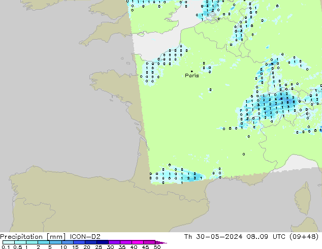 Neerslag ICON-D2 do 30.05.2024 09 UTC