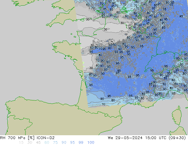 Humidité rel. 700 hPa ICON-D2 mer 29.05.2024 15 UTC