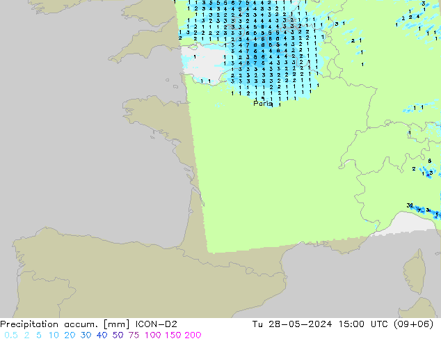 Precipitation accum. ICON-D2 Tu 28.05.2024 15 UTC