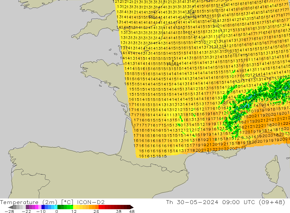 Temperature (2m) ICON-D2 Th 30.05.2024 09 UTC