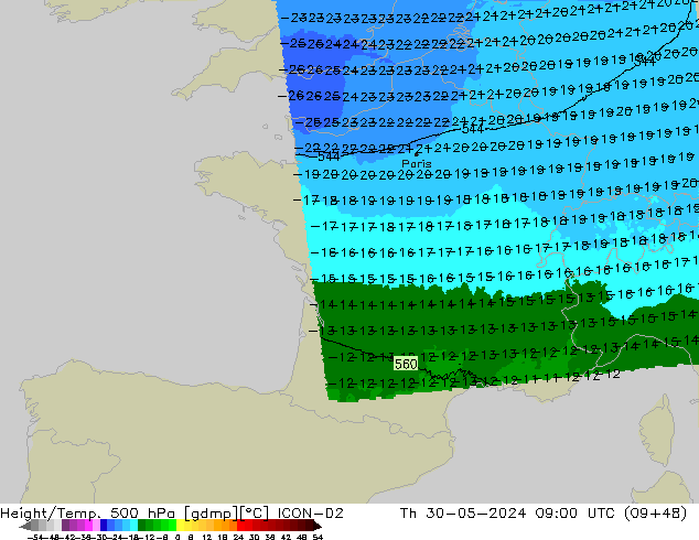 Height/Temp. 500 hPa ICON-D2 Th 30.05.2024 09 UTC