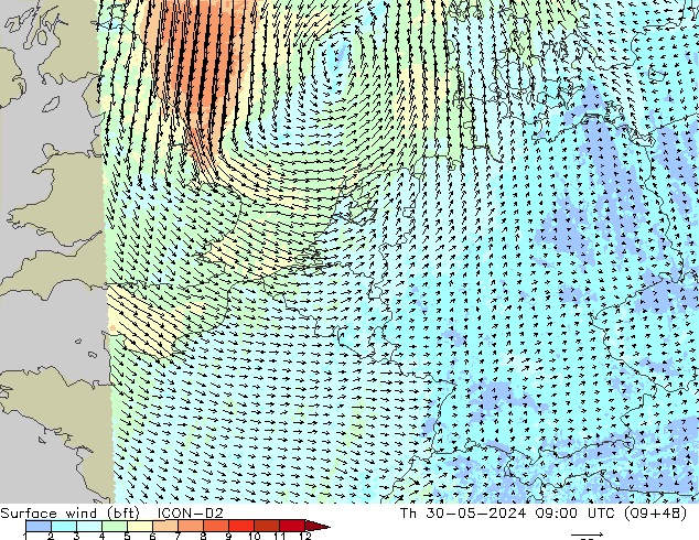 Vent 10 m (bft) ICON-D2 jeu 30.05.2024 09 UTC