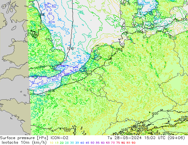 Isotachen (km/h) ICON-D2 Di 28.05.2024 15 UTC