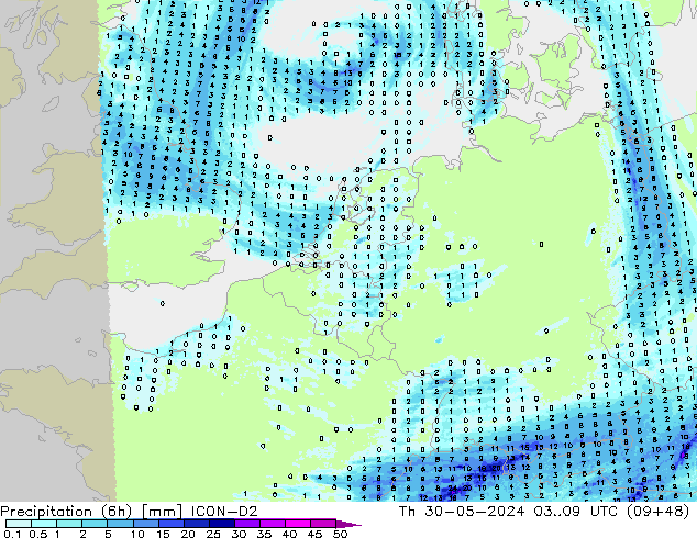 Précipitation (6h) ICON-D2 jeu 30.05.2024 09 UTC