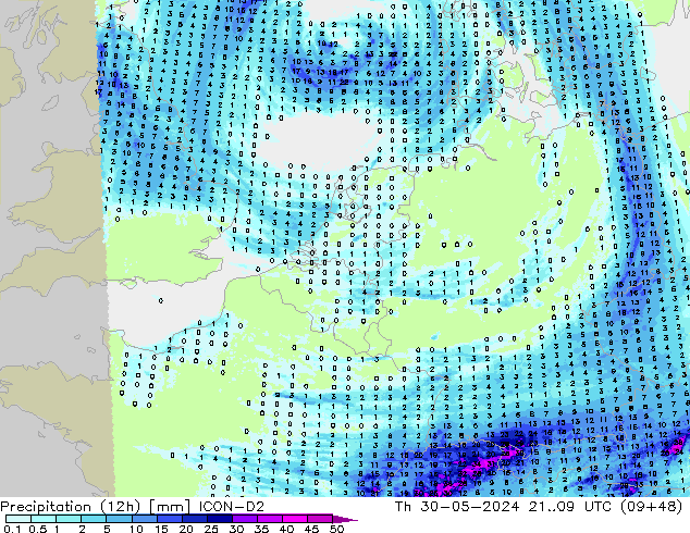 Precipitação (12h) ICON-D2 Qui 30.05.2024 09 UTC