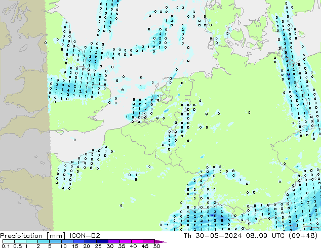 Precipitation ICON-D2 Th 30.05.2024 09 UTC