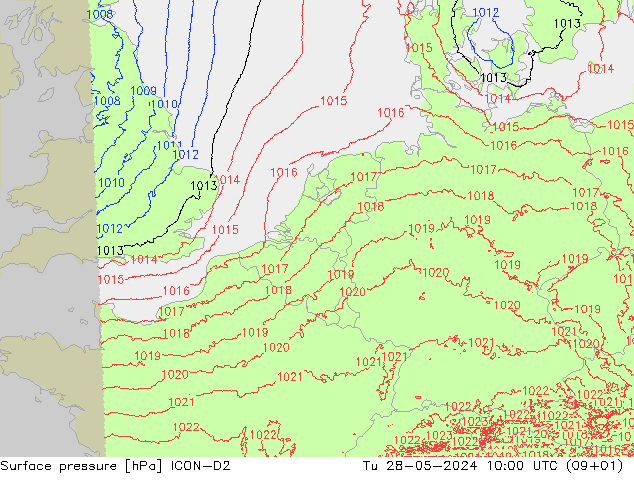 Atmosférický tlak ICON-D2 Út 28.05.2024 10 UTC