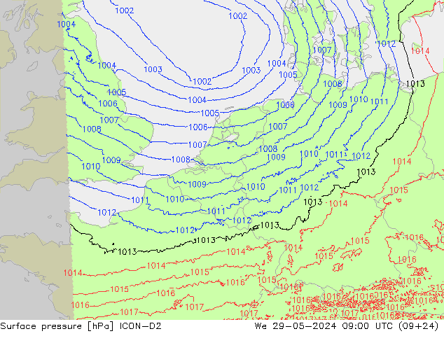 Atmosférický tlak ICON-D2 St 29.05.2024 09 UTC