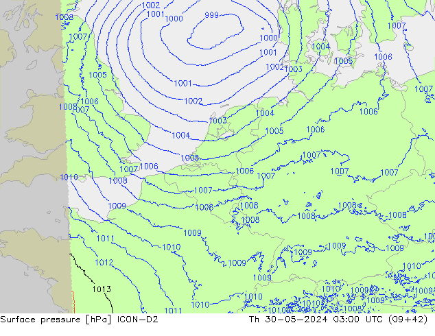 Pressione al suolo ICON-D2 gio 30.05.2024 03 UTC