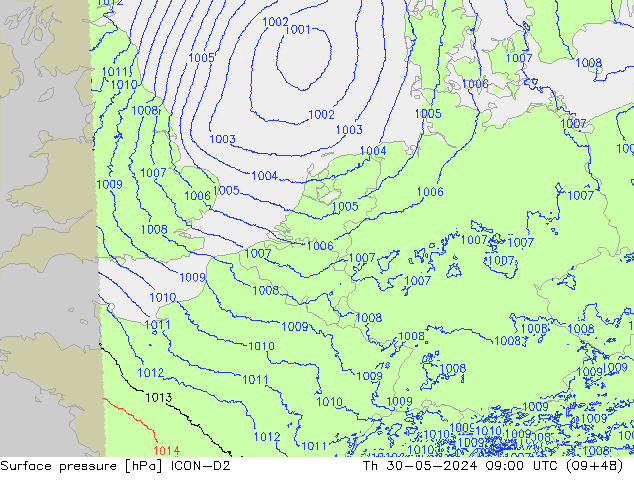 Surface pressure ICON-D2 Th 30.05.2024 09 UTC