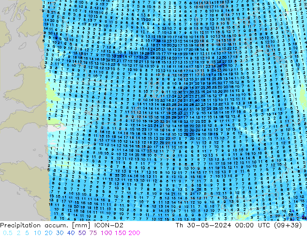 Totale neerslag ICON-D2 do 30.05.2024 00 UTC