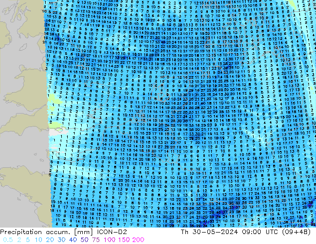 Precipitation accum. ICON-D2 czw. 30.05.2024 09 UTC