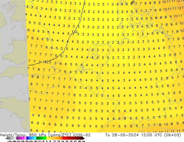 Geop./Temp. 850 hPa ICON-D2 mar 28.05.2024 12 UTC