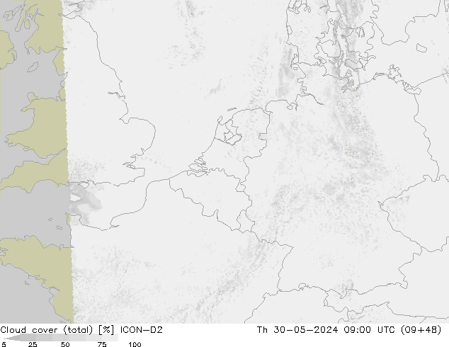 Cloud cover (total) ICON-D2 Th 30.05.2024 09 UTC