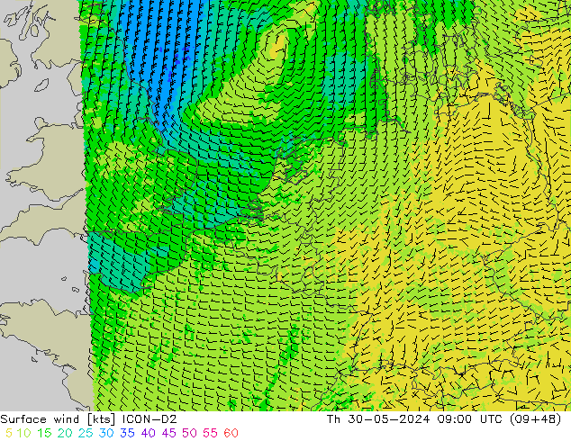 Viento 10 m ICON-D2 jue 30.05.2024 09 UTC