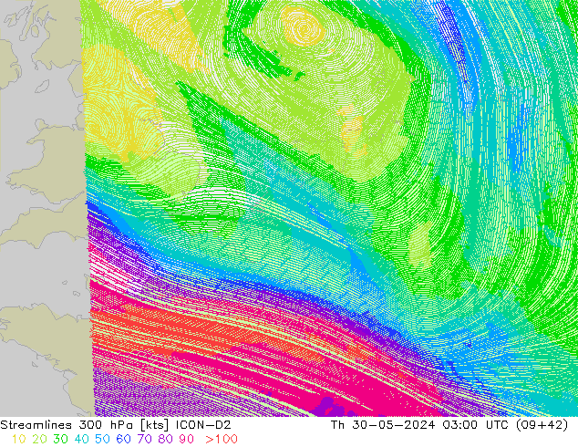 Linha de corrente 300 hPa ICON-D2 Qui 30.05.2024 03 UTC