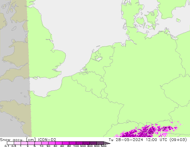 Snow accu. ICON-D2 mar 28.05.2024 12 UTC